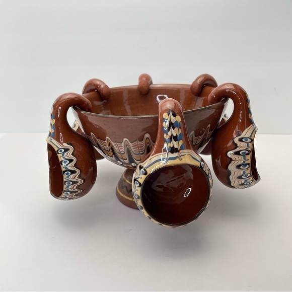 Bulgarian Pottery Pedestal Bowl & 6 Cups - Picture 4 of 13